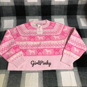 PINK x LOVESHACKFANCY BOXY SWEATER PINK TULIP FAIR-ISLE DOG/BOW LOGO SIZES S-XXL